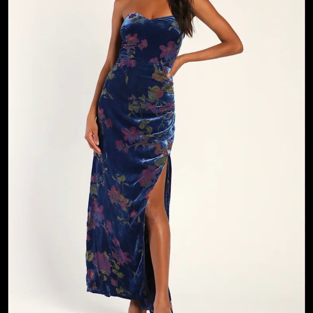 Lulus Blue Floral Burnout Velvet Strapless maxi Dress